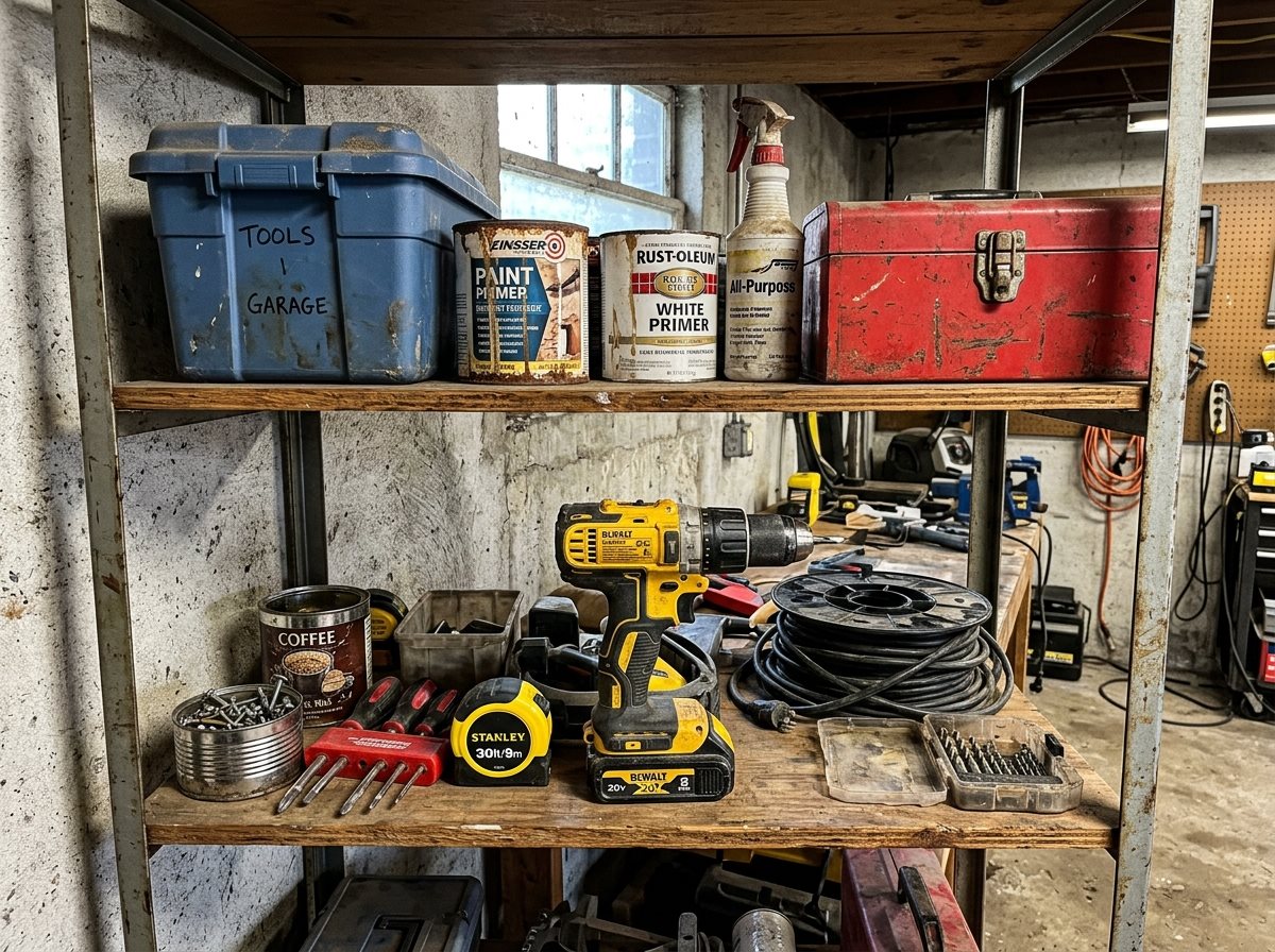 Photo of a dusty garage shelf with tools and storage boxes